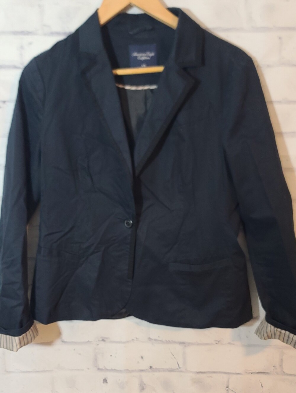American Eagle Outfitters Navy Twill Cotton Blazer, Regular Fit L, 2-Button